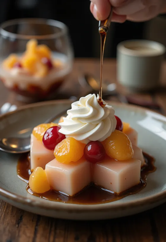 Anmitsu servert med krem og frukt