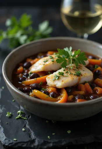 Feijoada med røkt fisk, servert med frisk koriander