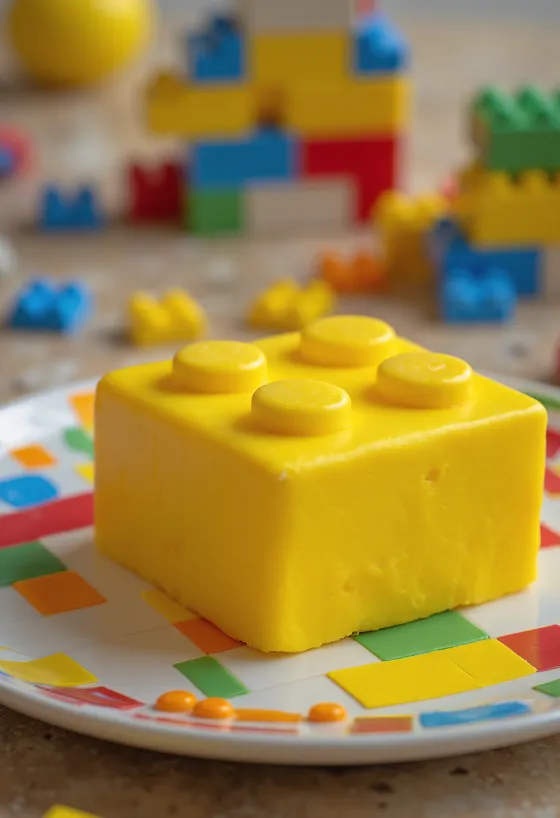 LEGO-kake med fargerikt fondanttrekk og byggeklosspynt