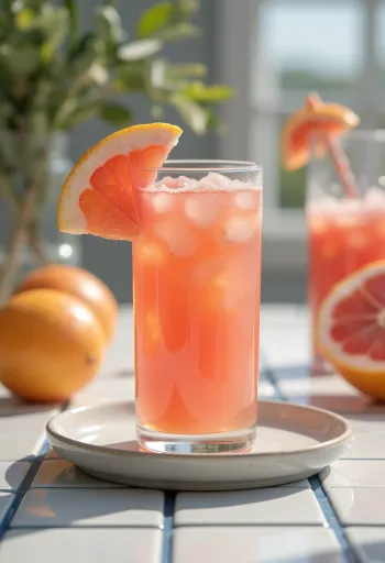 Appelsin- og grapefruktjuice i høyt glass, pyntet med appelsin- og grapefruktskiver