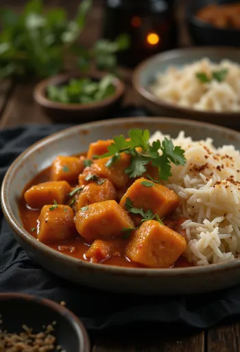 Pork Vindaloo servert med ris og frisk koriander