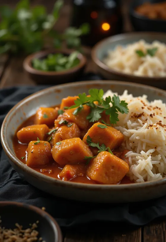 Pork Vindaloo servert med ris og frisk koriander