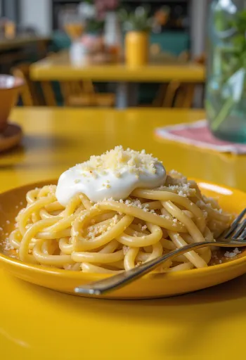 Varm pasta med rømme og revet ost, servert på hvit tallerken.