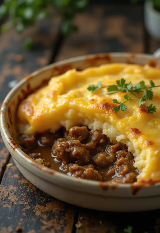 Shepherd’s pie servert med et sprøtt lag potetmos