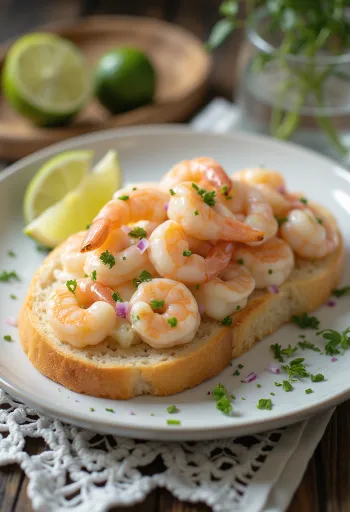 Skagenrøre med limeskall servert på ristet brød, pyntet med fersk dill