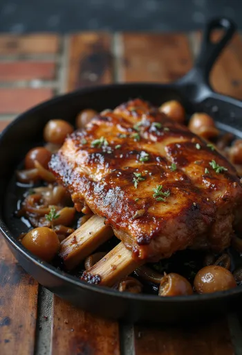 Ovnsstekt spareribs med sprø skorpe, servert med ferske urter og stekte poteter.