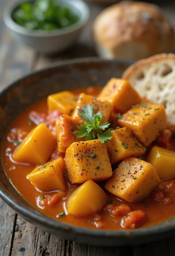 Rød paprika- og tomatgryte med stekte tofuterninger