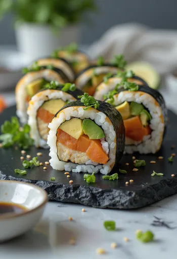 Vegansk sushi med tofu, grønnsaker og soyasaus
