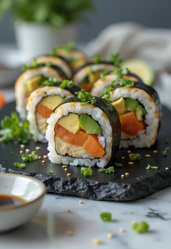 Vegansk sushi med tofu, grønnsaker og soyasaus