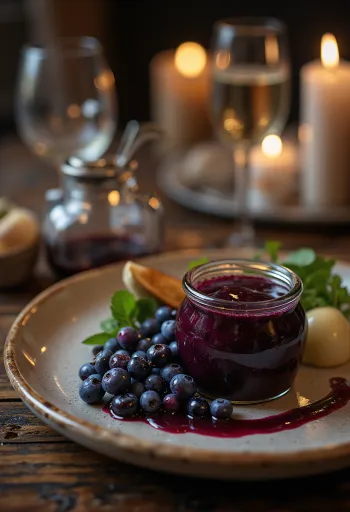 Blåbær- og balsamicosaus med rosmarin i glass og servert