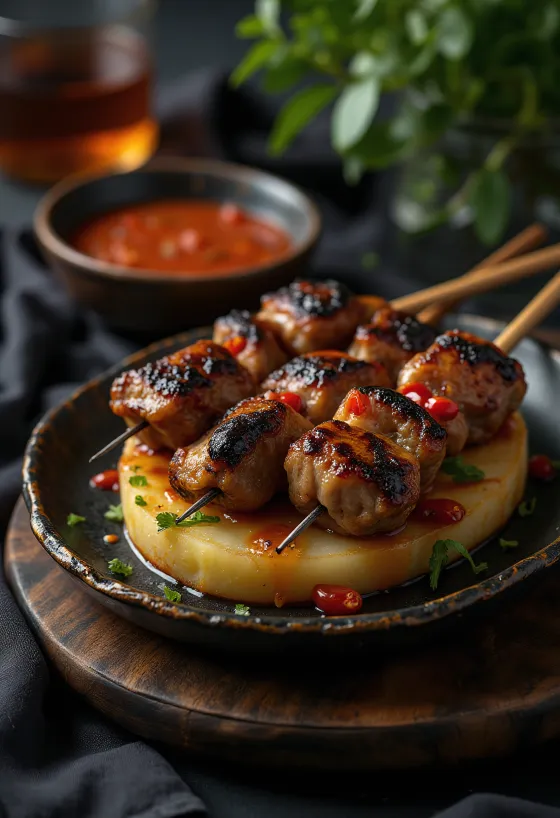 Grillet anticucho av alpakka servert med limeskiver og persille