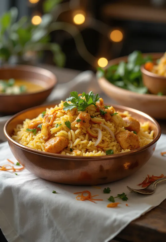 Biryani med kylling, pyntet med frisk koriander og mynte
