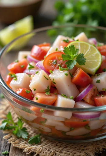 Klassisk ceviche med lime, fisk, avokado og tomat i en frisk kombinasjon