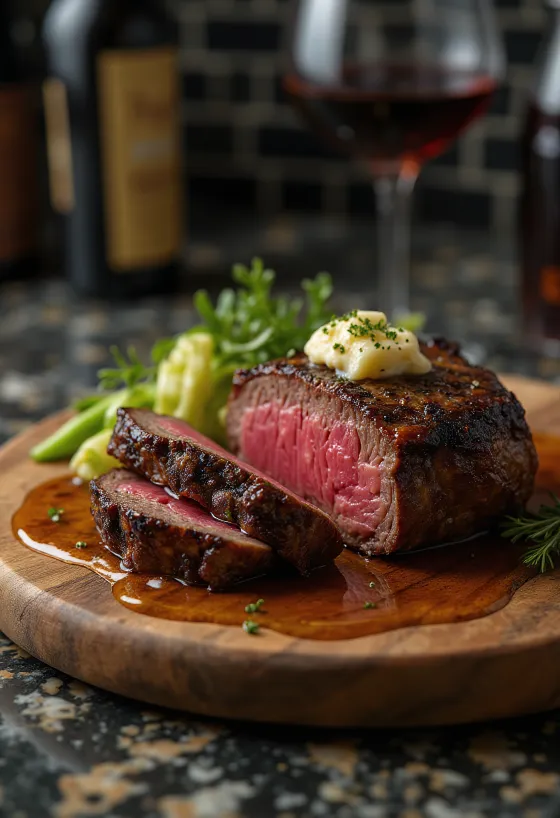 Chateaubriand steak servert med dampede grønnsaker og smør