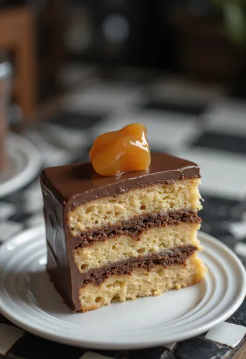 Doboskake fylt med karamellag og sjokoladekrem