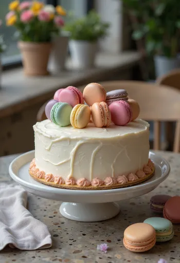 Kake pyntet med makroner i flere farger