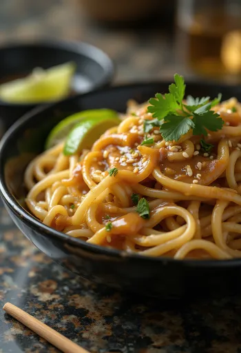Risnudler med peanøttsaus pyntet med koriander