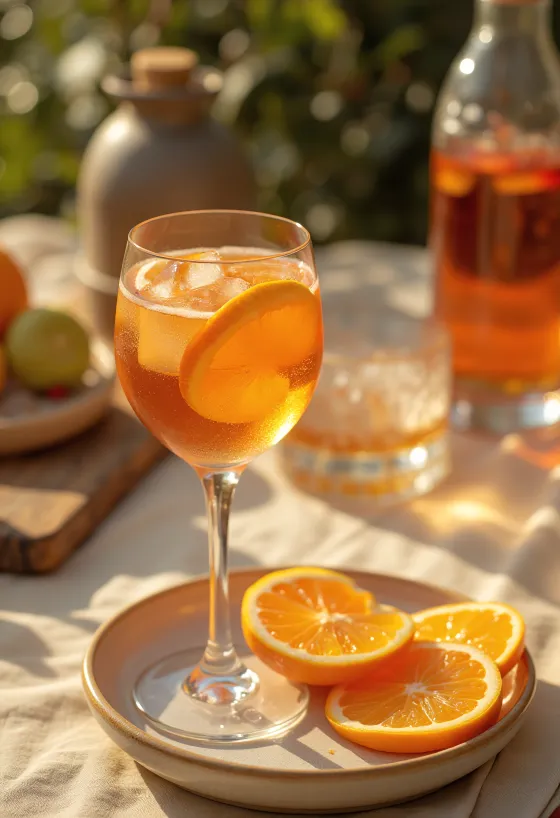 Appelsin-Aperol cocktail servert med appelsinskive og is