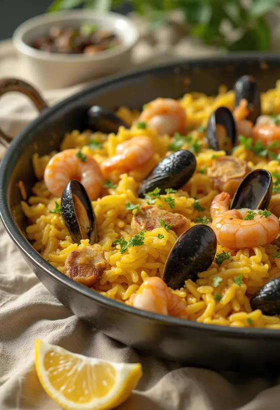 Paella med sjømat og kylling servert