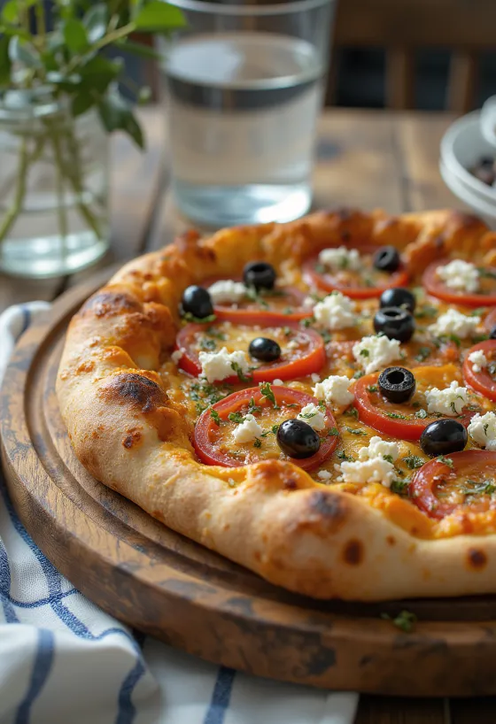 Pizza Greca med fetaost, sorte oliven og frisk tomat