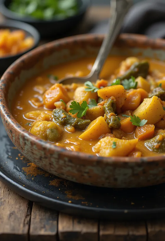 Vegansk curry med saftige grønnsaker pyntet med frisk koriander