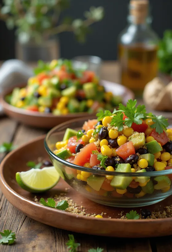 Fargerik salatblanding med svarte bønner, mais og avokado