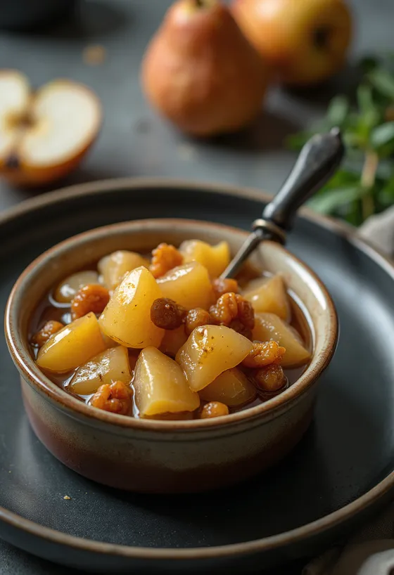 Søt og syrlig pærechutney servert