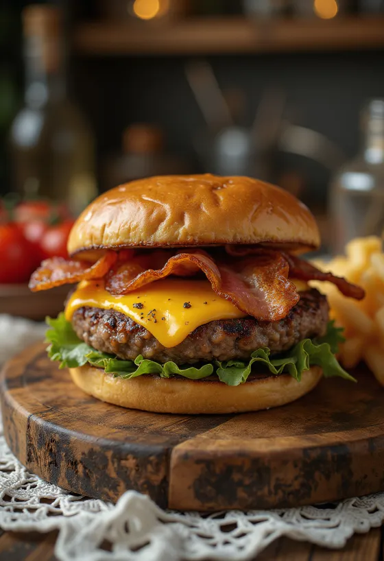 Grillet hamburger med cheddarost og bacon