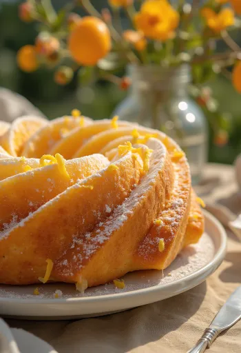 Appelsinformkake stekt gyllenbrun, drysset med melis