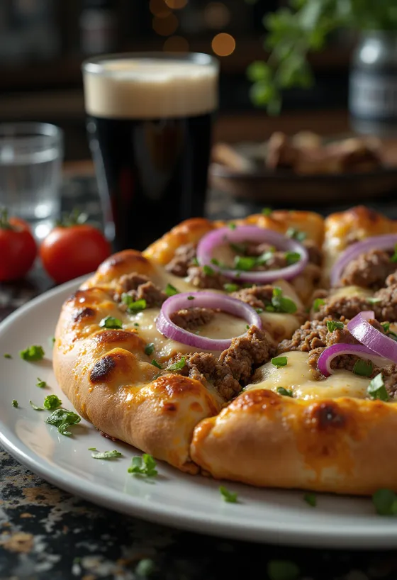 Irsk storfekjøttpizza servert