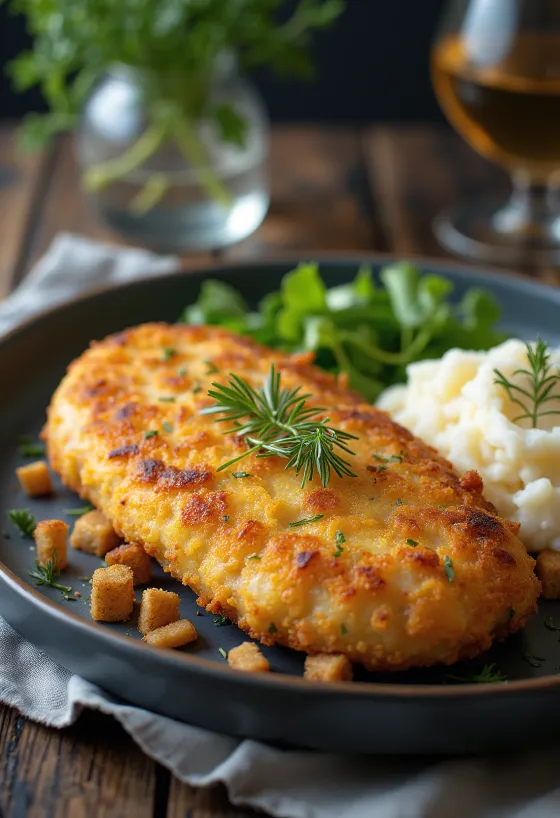 Pozharsky cutlet, russisk kyllingkake med smør og griljermel, servert med potetmos