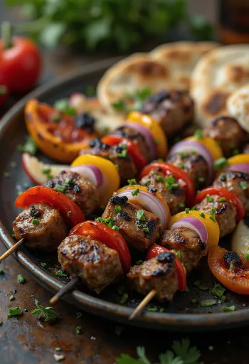 Shish kebab på spyd med grillet kjøtt og grønnsaker