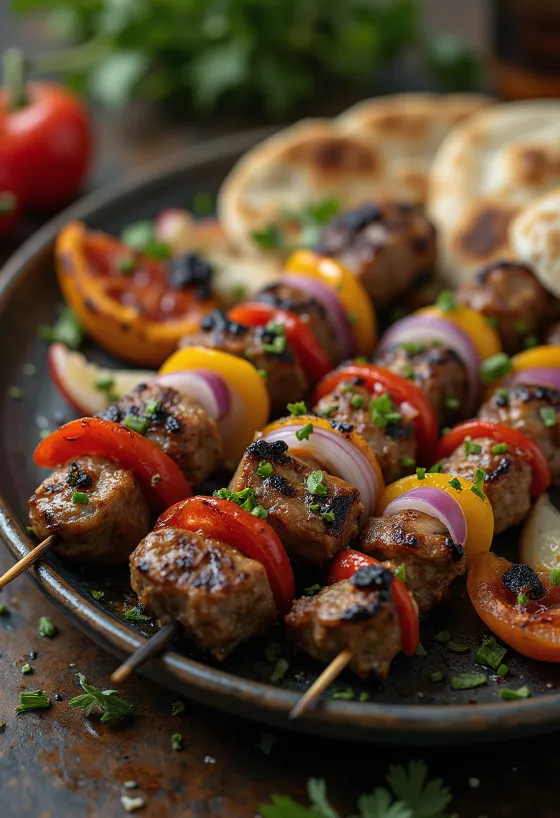 Shish kebab på spyd med grillet kjøtt og grønnsaker