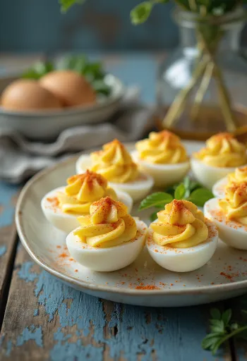 Fylte egg pyntet med friske urter og paprika
