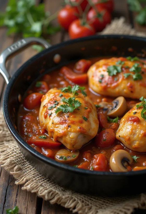Chicken cacciatore servert i panne med grønnsaker