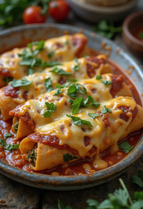 Enchilada med spinat, gratinert tortilla i form