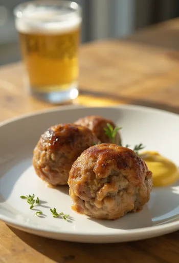 Frikadeller servert med sennep, sprø og fristende rett