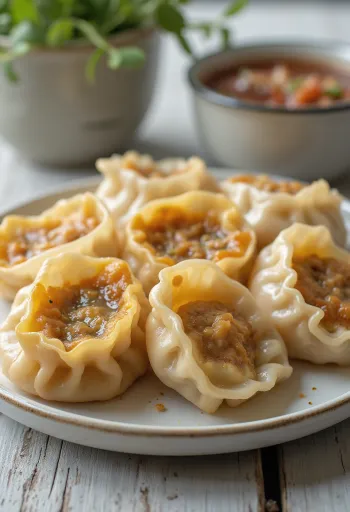 Gyoza med egg, fylt i deilig, fersk deig, stekt til gyllenbrun sprøhet