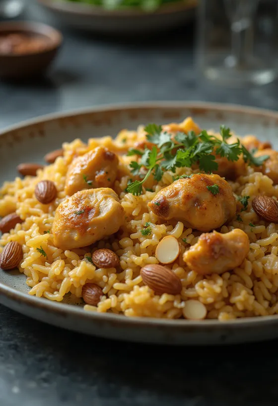 Kabsa servert med mandler og rosiner