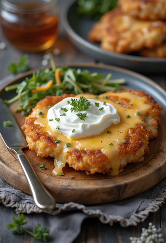 Sprøstekt Mátra-schnitzel servert med revet potetpanering og rømme.