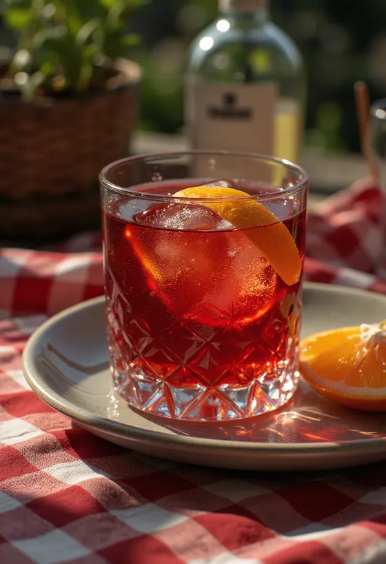 Negroni cocktail pyntet med appelsinskive