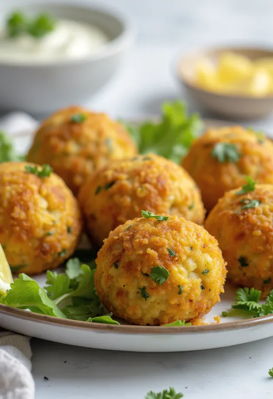 Grønnsaksfalafelboller på tallerken servert med frisk salat og tahinisaus