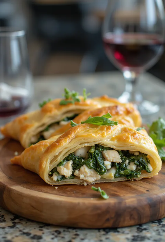 Spanakopita med kylling, gyllenbrun, sprø deig og rikt spinat- og kyllingfyll
