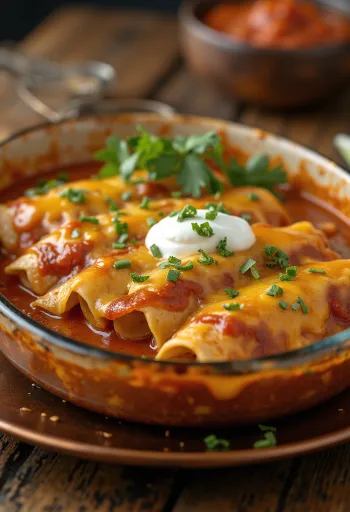 Kylling enchiladas toppet med smeltet ost og pyntet med rømme og koriander