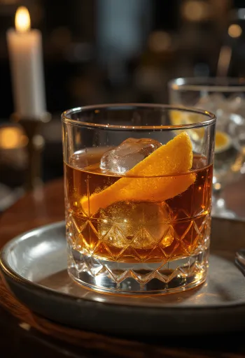 Old Fashioned cocktail pyntet med appelsinskall