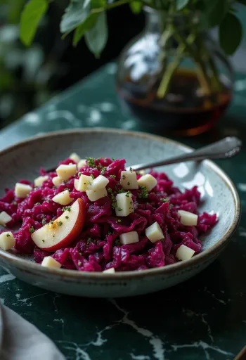 Prebiotisk rødbete- og eplesalat servert med revet rødbete, eple og yoghurt