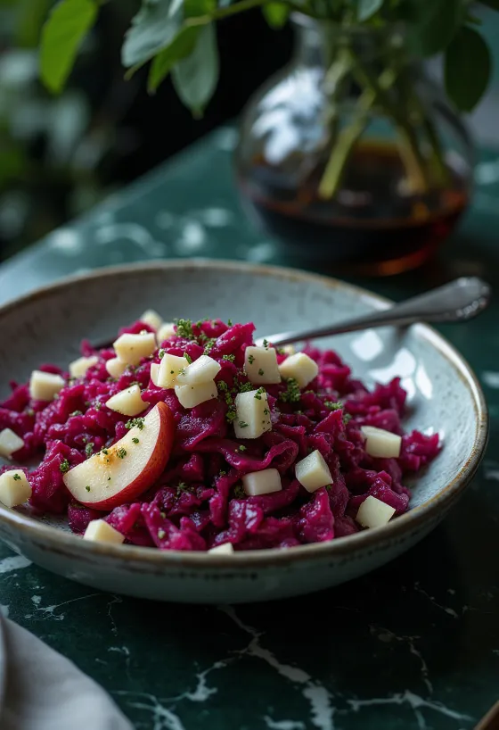 Prebiotisk rødbete- og eplesalat servert med revet rødbete, eple og yoghurt