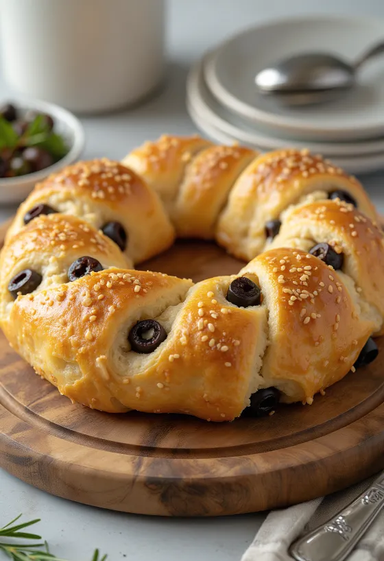 Simit med oliven, sprø deig med sesamfrø, servert fersk
