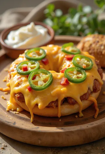 Bagel med smeltet ost og chili på tallerken