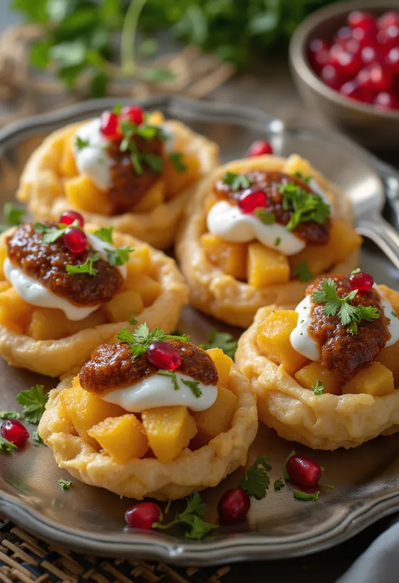 Dahi Puri pyntet med granateplekjerner og yoghurt